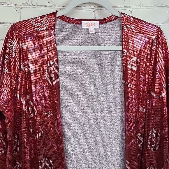 NEW LuLaRoe SARAH Elegant Cardigan Red Foil Metallic Tribal Long Duster Cover Up - Picture 3 of 10